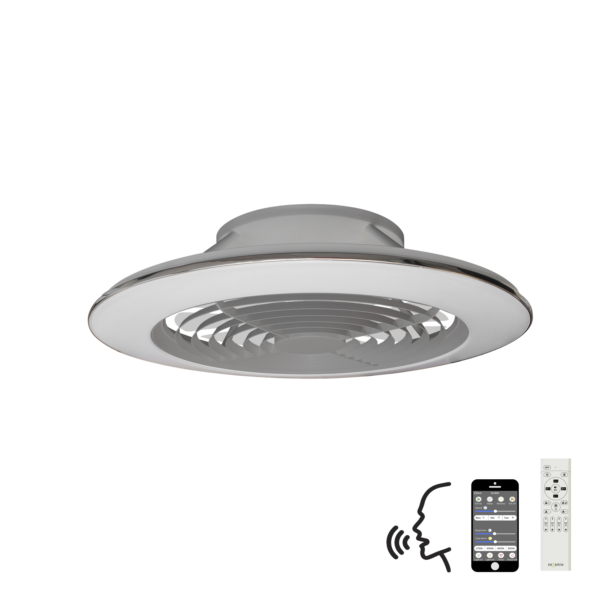 M7491  Alisio XL 95W LED Dimmable Ceiling Light & Fan, Remote / APP / Voice Controlled Silver